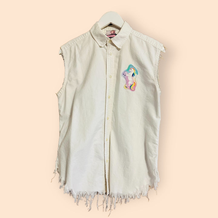 Vintage Sleeveless Button Down Shirt with Unicorn Patch