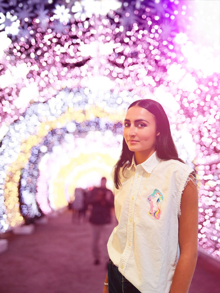 Vintage Sleeveless Button Down Shirt with Unicorn Patch